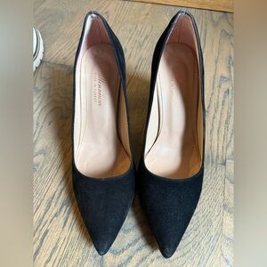 black suede pumps by the brand Millennium with block heel and gold accent. 9.